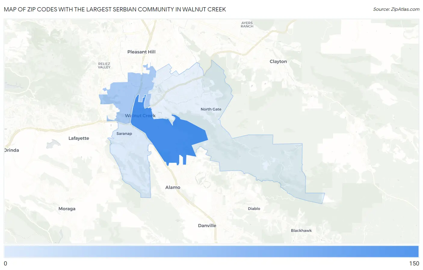 Zip Codes with the Largest Serbian Community in Walnut Creek Map