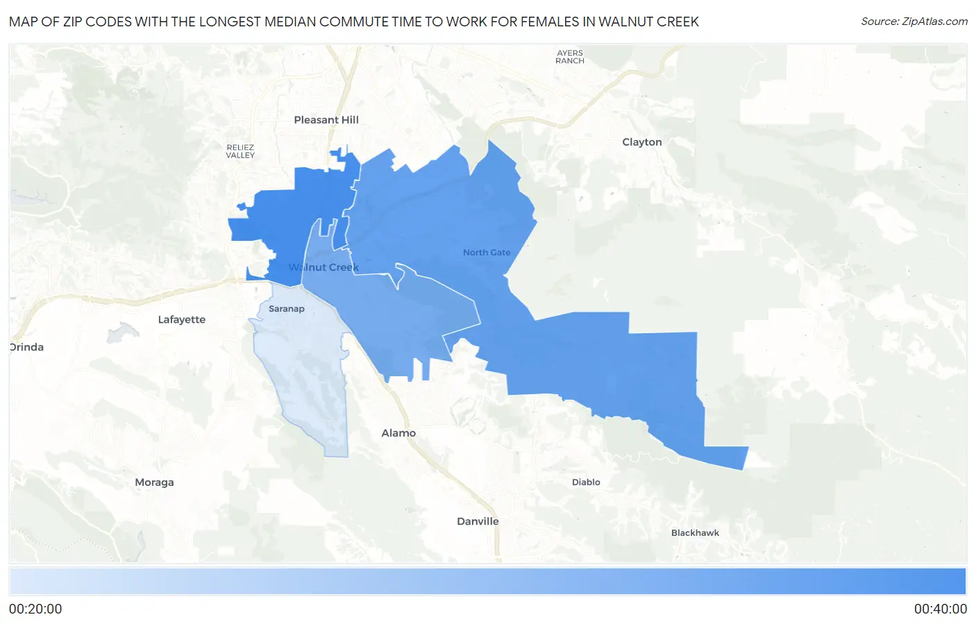 Zip Codes with the Longest Median Commute Time to Work for Females in Walnut Creek Map