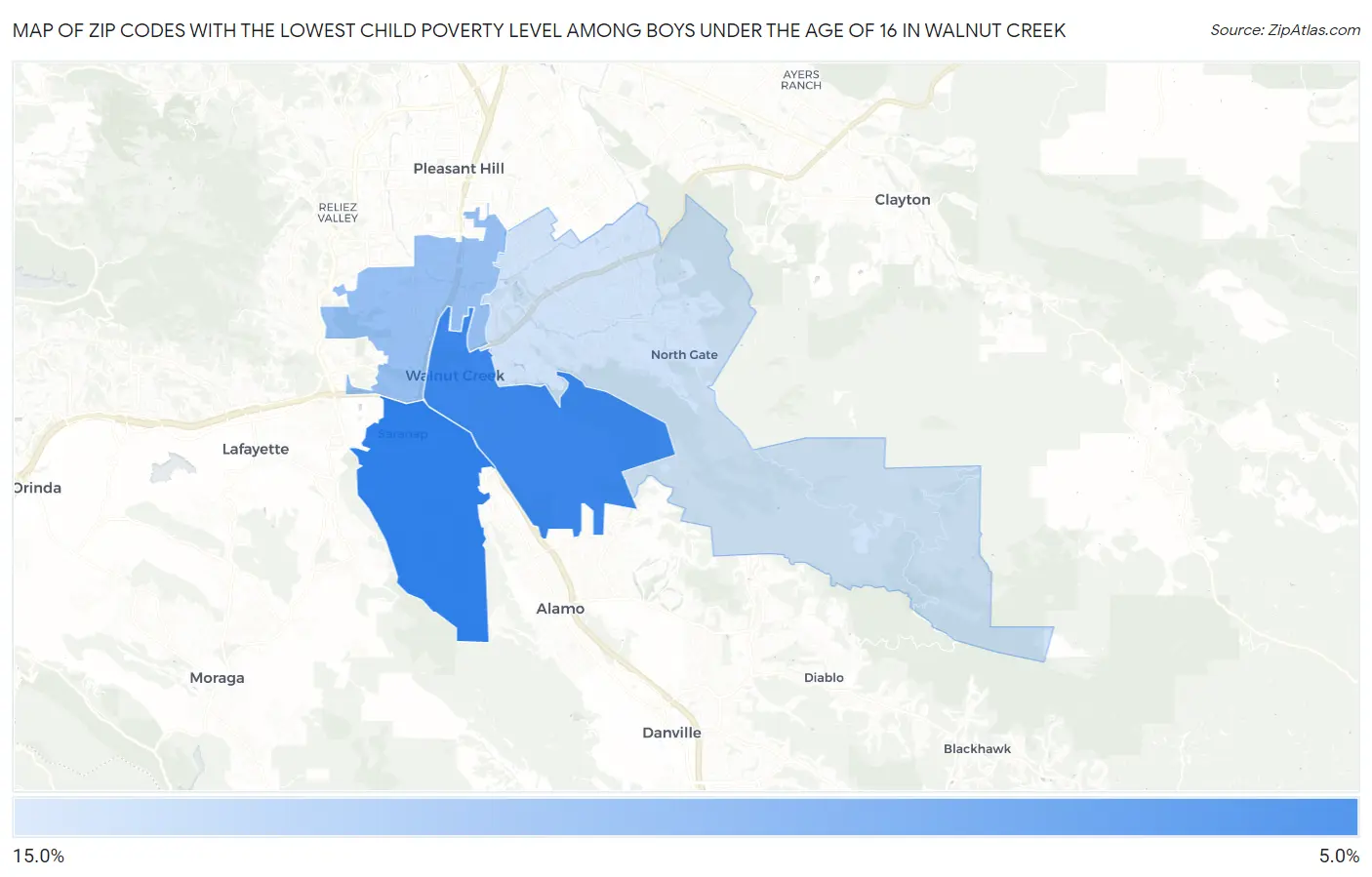 Zip Codes with the Lowest Child Poverty Level Among Boys Under the Age of 16 in Walnut Creek Map
