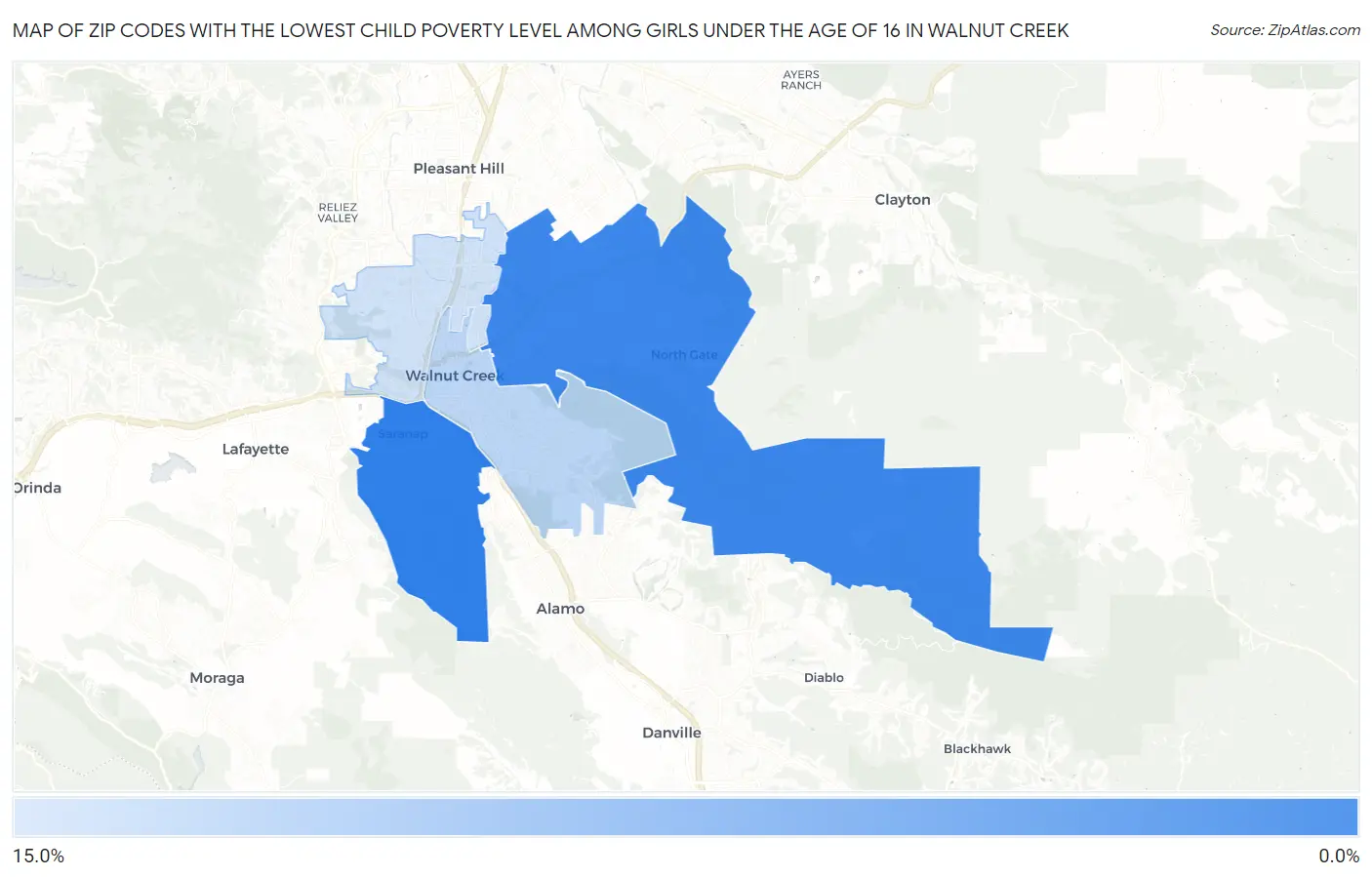 Zip Codes with the Lowest Child Poverty Level Among Girls Under the Age of 16 in Walnut Creek Map