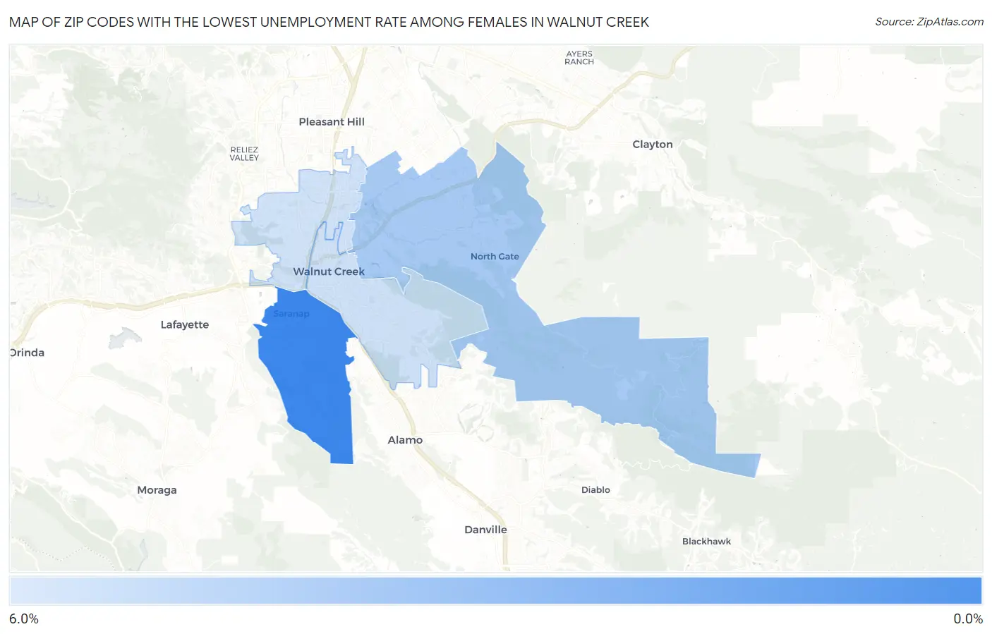 Zip Codes with the Lowest Unemployment Rate Among Females in Walnut Creek Map
