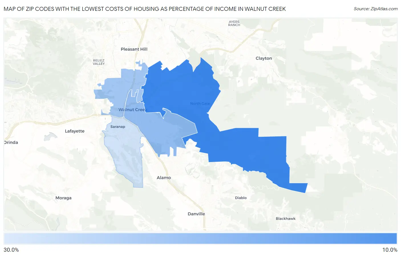Zip Codes with the Lowest Costs of Housing as Percentage of Income in Walnut Creek Map
