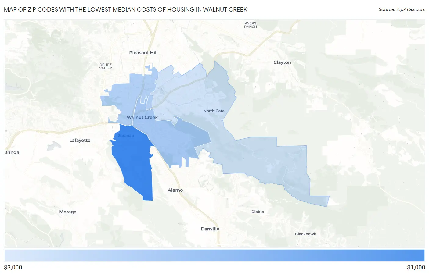 Zip Codes with the Lowest Median Costs of Housing in Walnut Creek Map