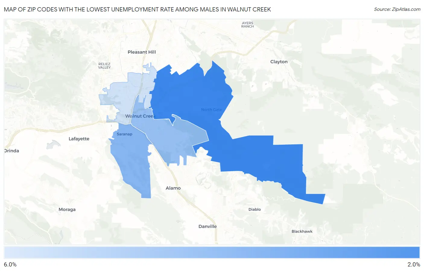 Zip Codes with the Lowest Unemployment Rate Among Males in Walnut Creek Map