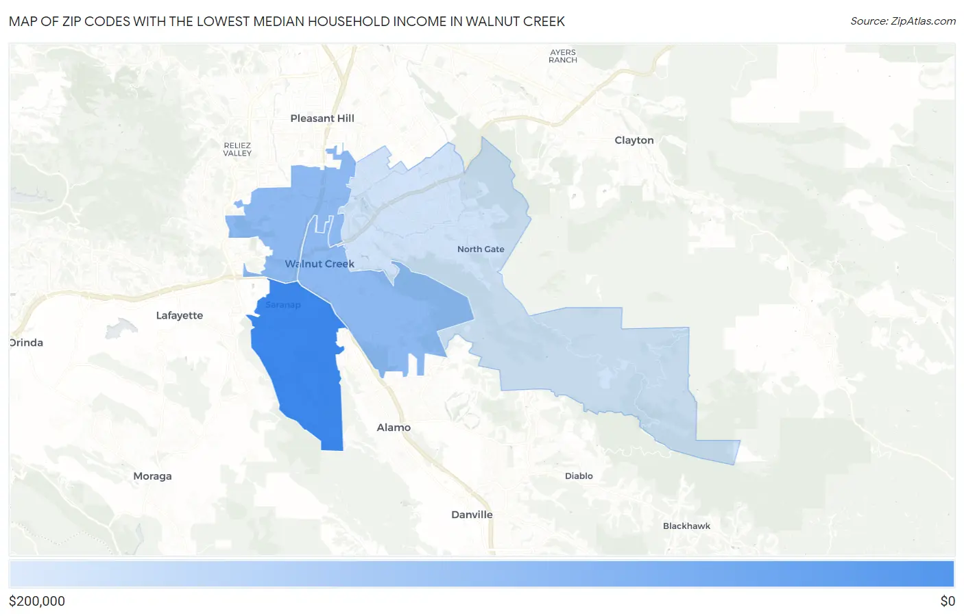 Zip Codes with the Lowest Median Household Income in Walnut Creek Map