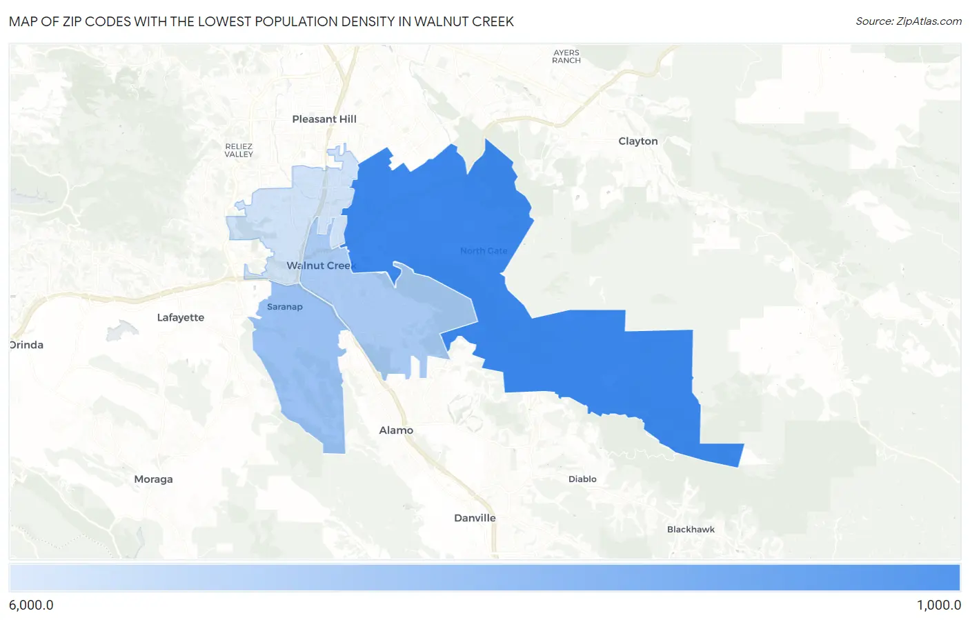 Zip Codes with the Lowest Population Density in Walnut Creek Map