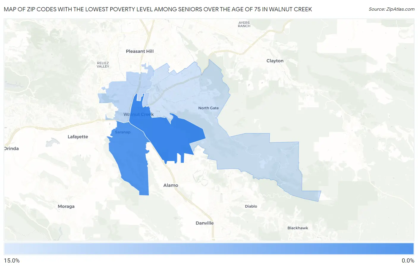 Zip Codes with the Lowest Poverty Level Among Seniors Over the Age of 75 in Walnut Creek Map
