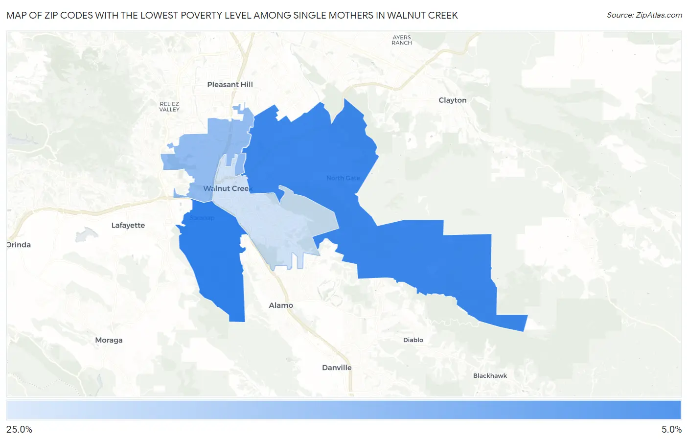 Zip Codes with the Lowest Poverty Level Among Single Mothers in Walnut Creek Map