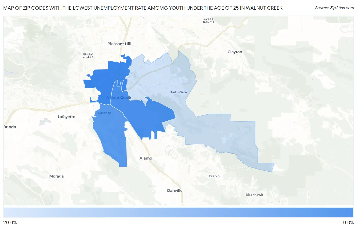Zip Codes with the Lowest Unemployment Rate Amomg Youth Under the Age of 25 in Walnut Creek Map