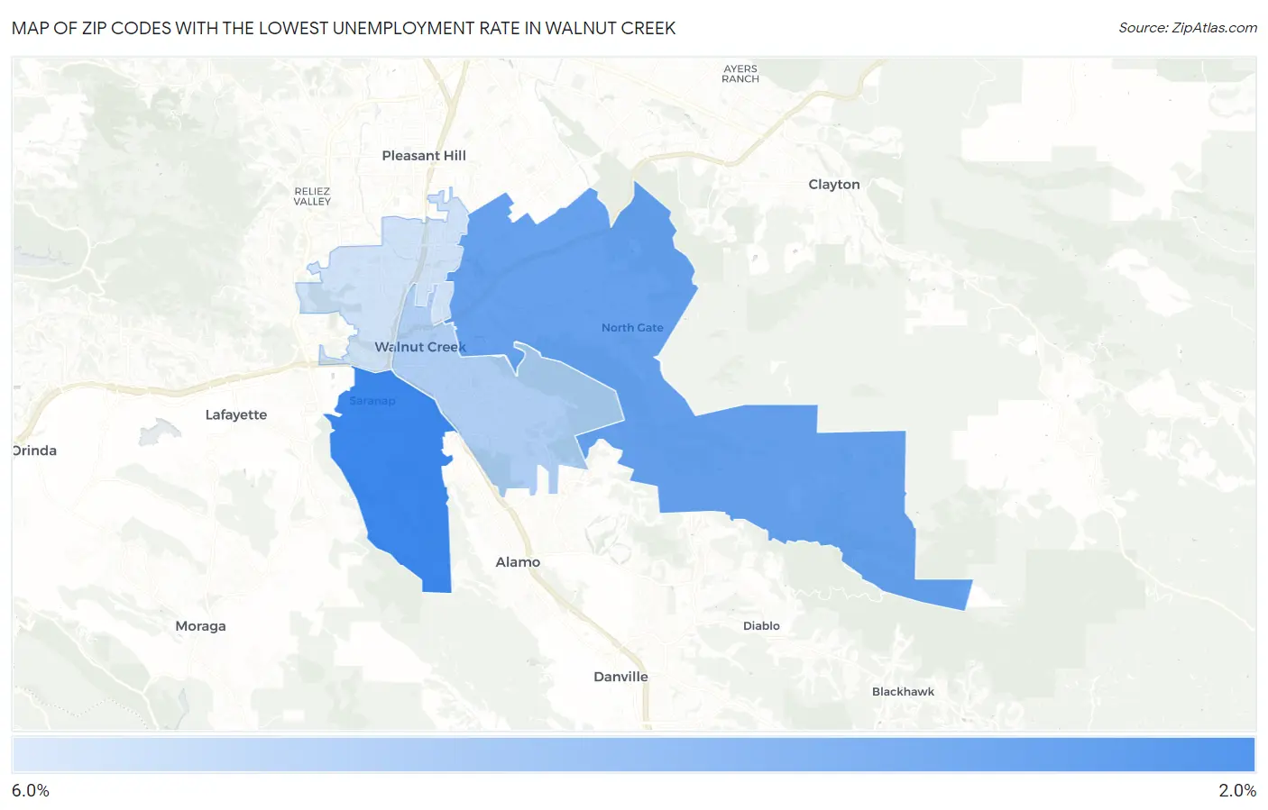 Zip Codes with the Lowest Unemployment Rate in Walnut Creek Map