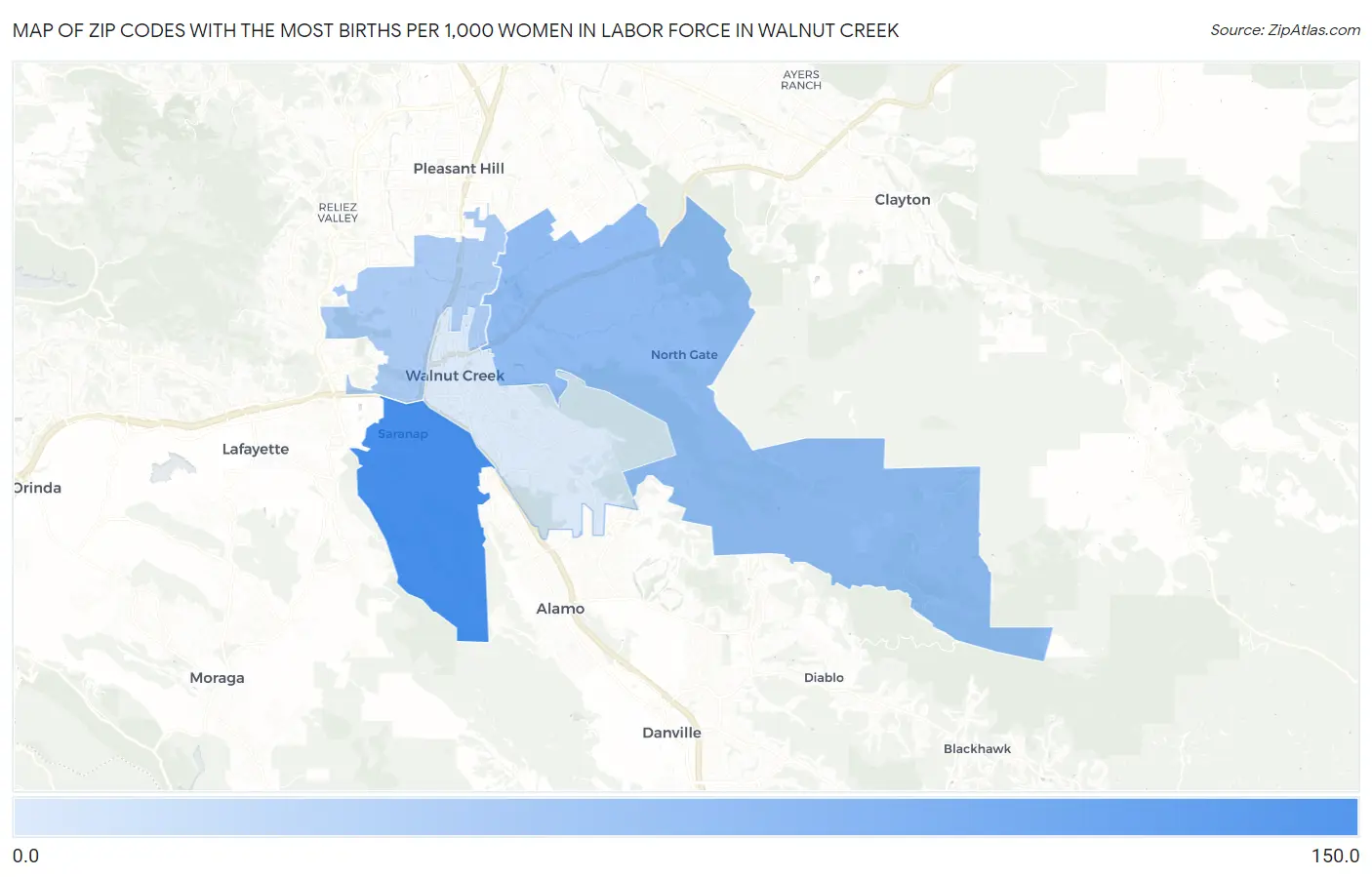 Zip Codes with the Most Births per 1,000 Women in Labor Force in Walnut Creek Map