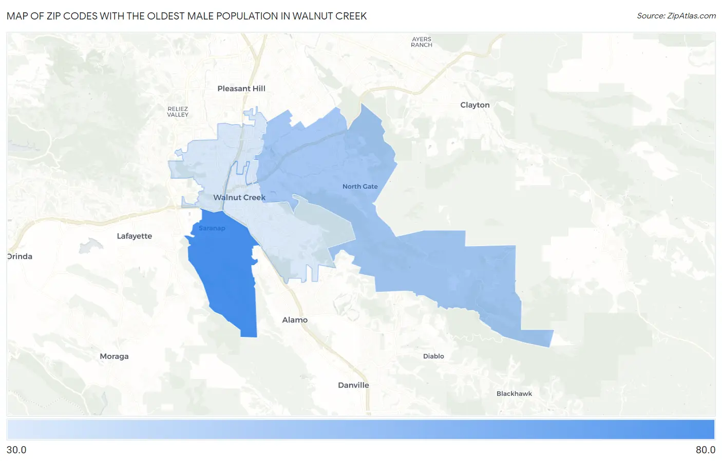 Zip Codes with the Oldest Male Population in Walnut Creek Map