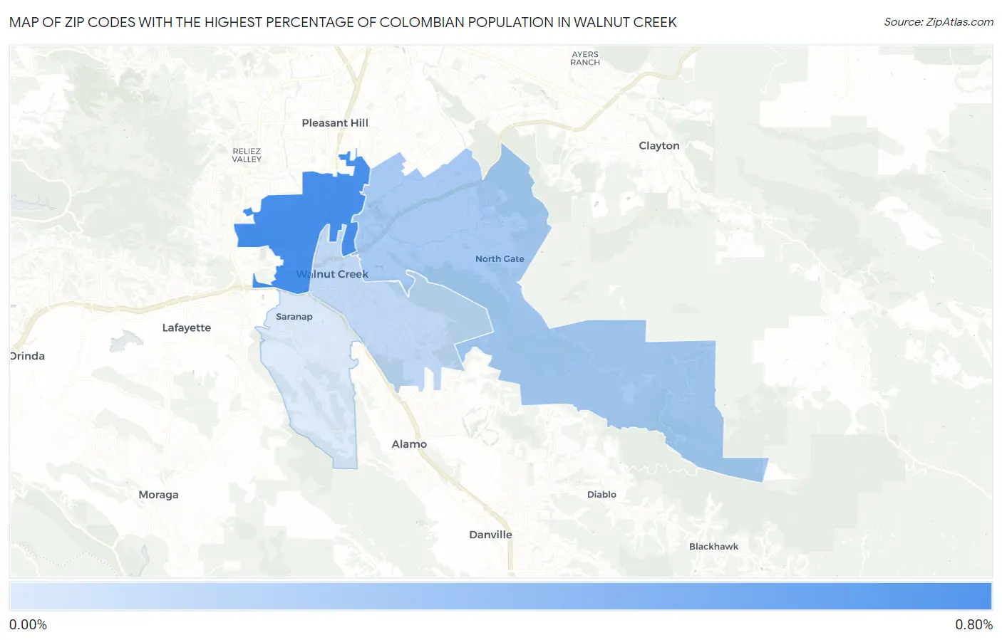 Zip Codes with the Highest Percentage of Colombian Population in Walnut Creek Map