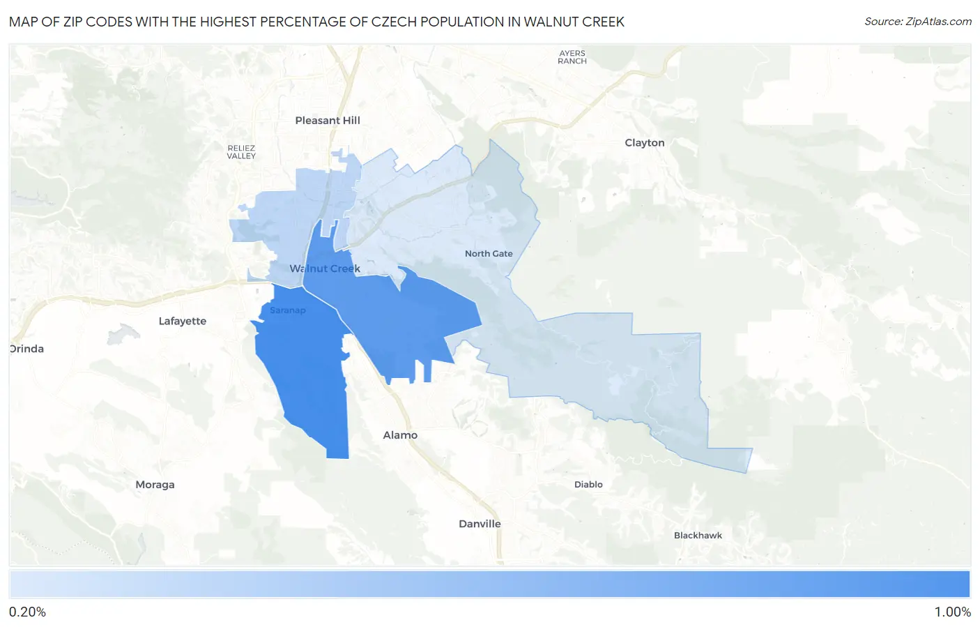 Zip Codes with the Highest Percentage of Czech Population in Walnut Creek Map