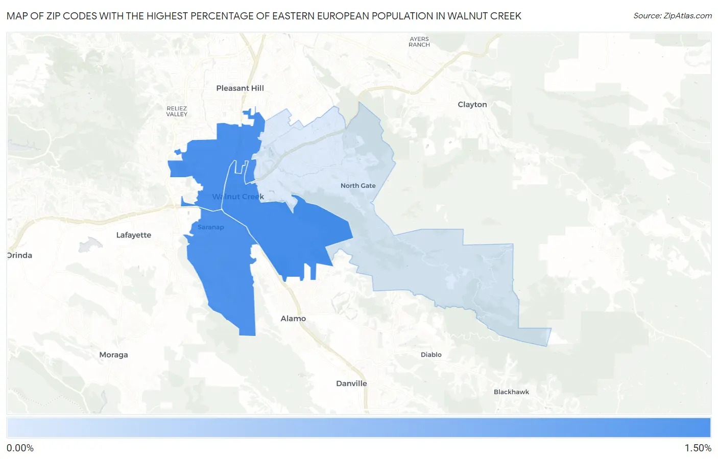 Zip Codes with the Highest Percentage of Eastern European Population in Walnut Creek Map