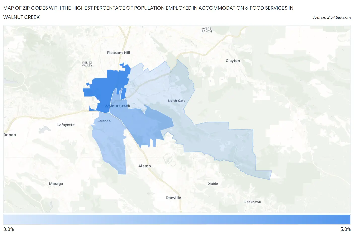 Zip Codes with the Highest Percentage of Population Employed in Accommodation & Food Services in Walnut Creek Map