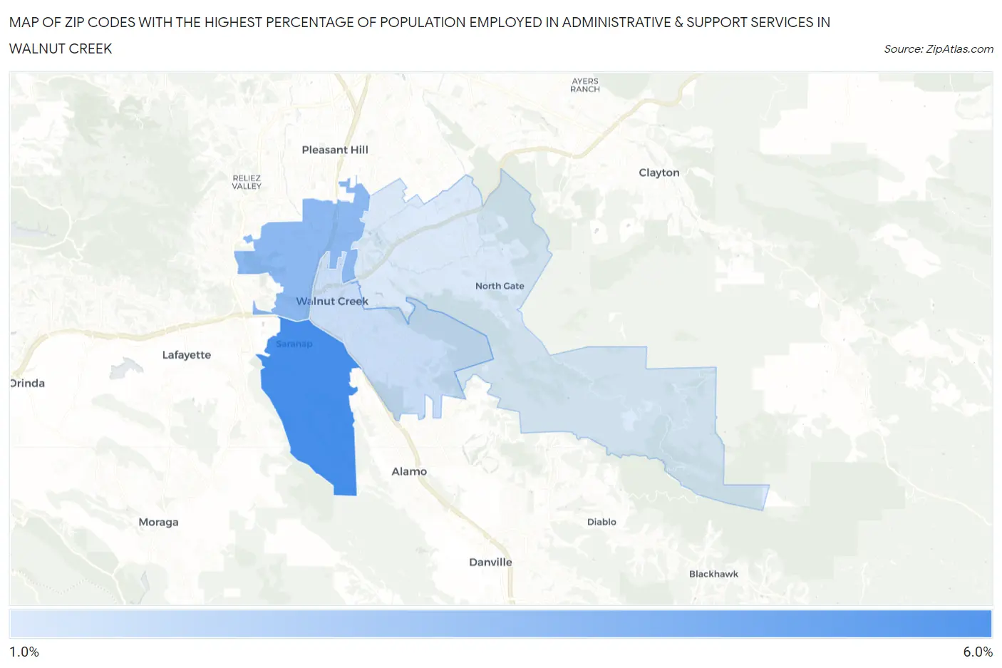 Zip Codes with the Highest Percentage of Population Employed in Administrative & Support Services in Walnut Creek Map