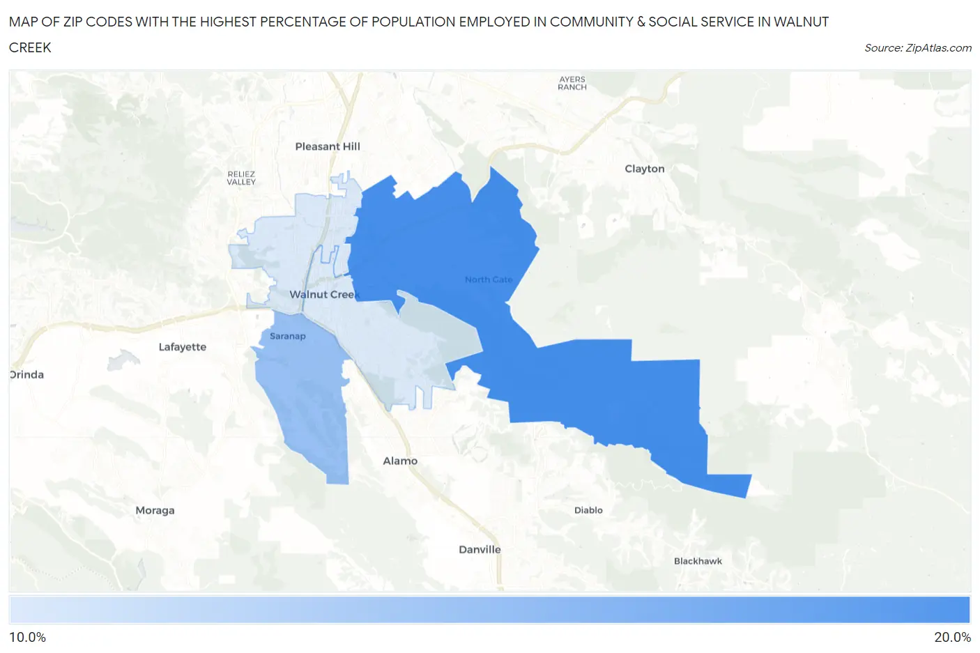 Zip Codes with the Highest Percentage of Population Employed in Community & Social Service  in Walnut Creek Map