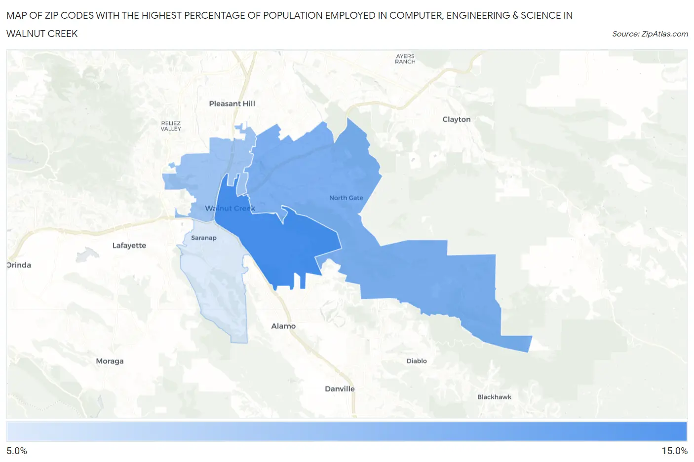Zip Codes with the Highest Percentage of Population Employed in Computer, Engineering & Science in Walnut Creek Map