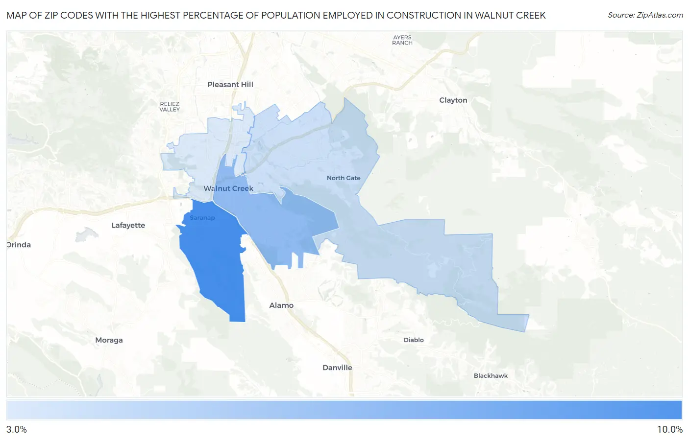 Zip Codes with the Highest Percentage of Population Employed in Construction in Walnut Creek Map