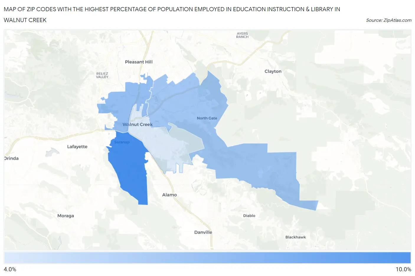 Zip Codes with the Highest Percentage of Population Employed in Education Instruction & Library in Walnut Creek Map