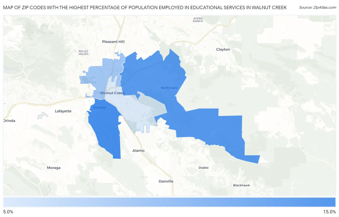 Zip Codes with the Highest Percentage of Population Employed in Educational Services in Walnut Creek Map