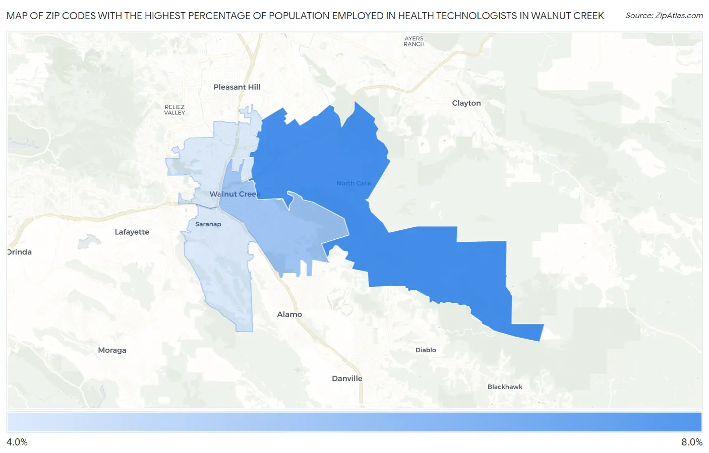 Zip Codes with the Highest Percentage of Population Employed in Health Technologists in Walnut Creek Map