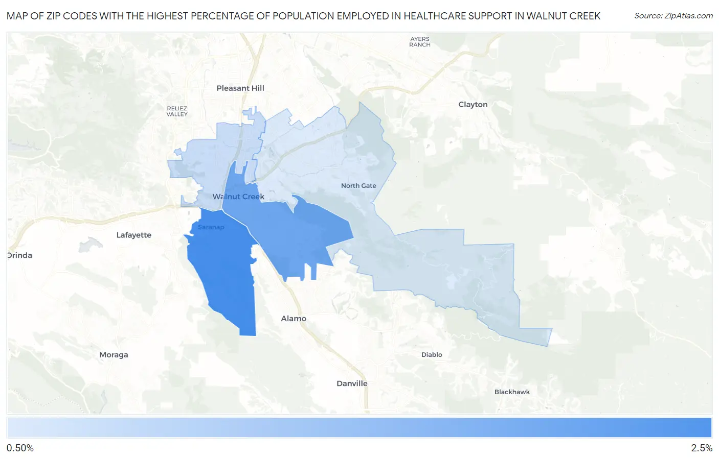 Zip Codes with the Highest Percentage of Population Employed in Healthcare Support in Walnut Creek Map