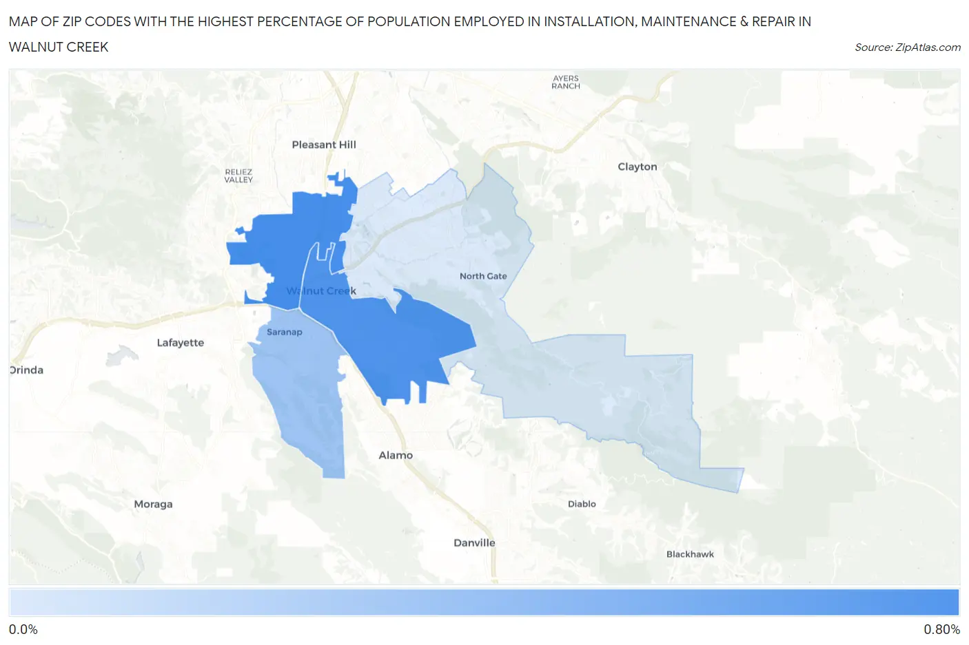 Zip Codes with the Highest Percentage of Population Employed in Installation, Maintenance & Repair in Walnut Creek Map
