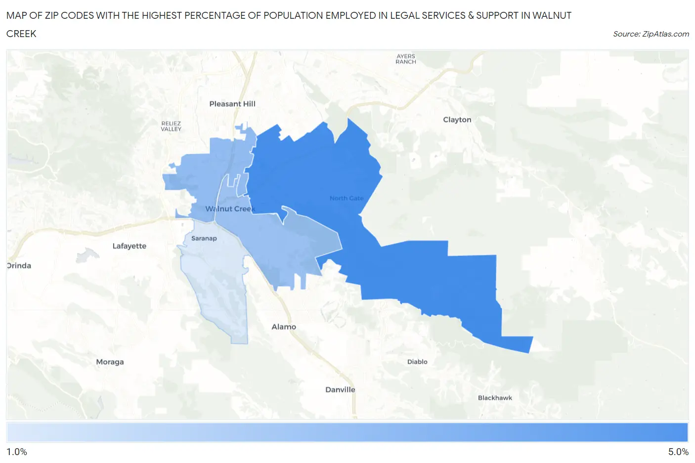 Zip Codes with the Highest Percentage of Population Employed in Legal Services & Support in Walnut Creek Map
