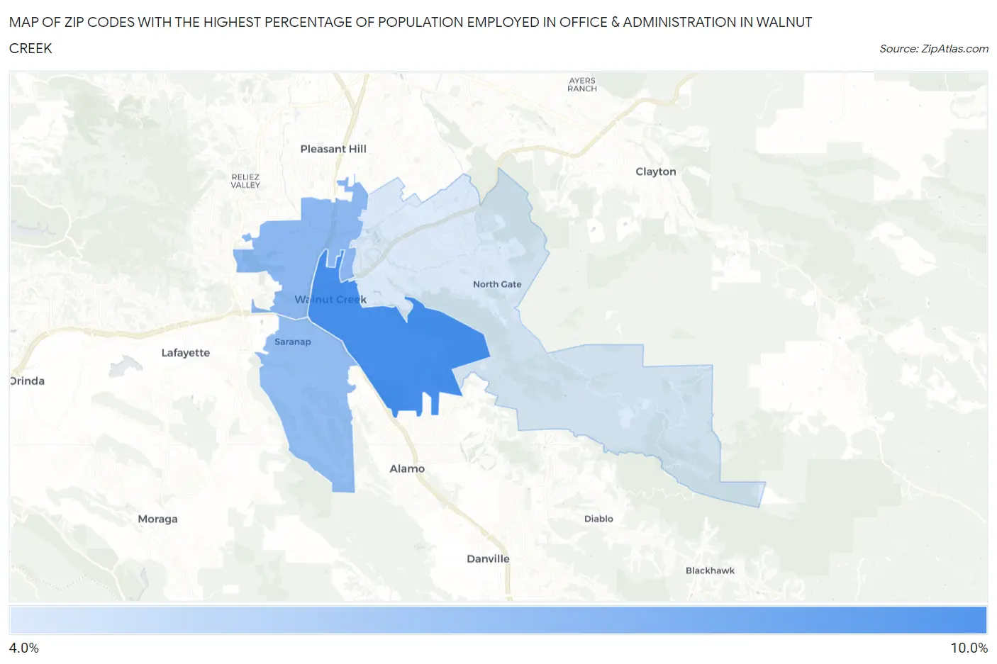 Zip Codes with the Highest Percentage of Population Employed in Office & Administration in Walnut Creek Map