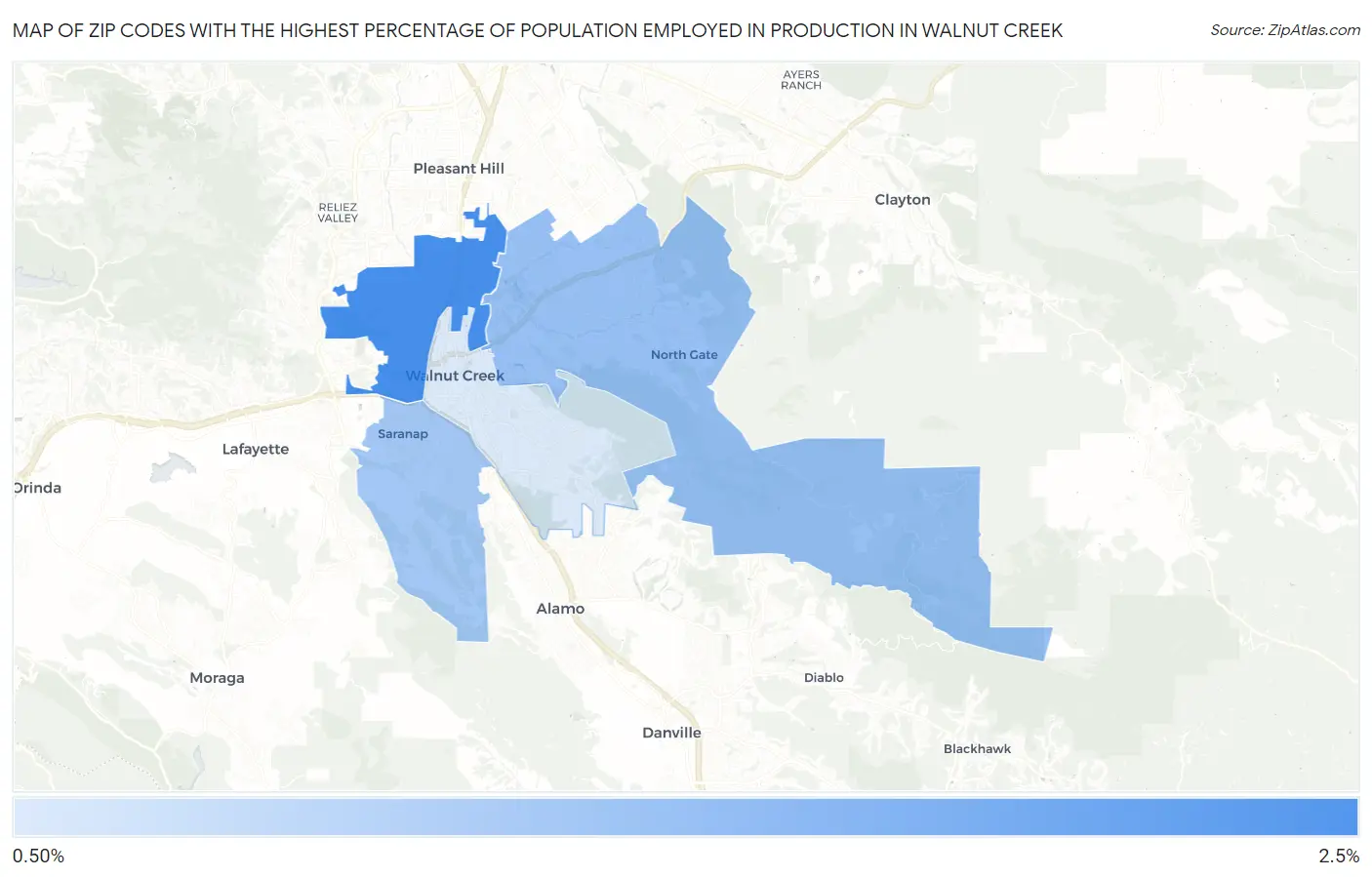 Zip Codes with the Highest Percentage of Population Employed in Production in Walnut Creek Map