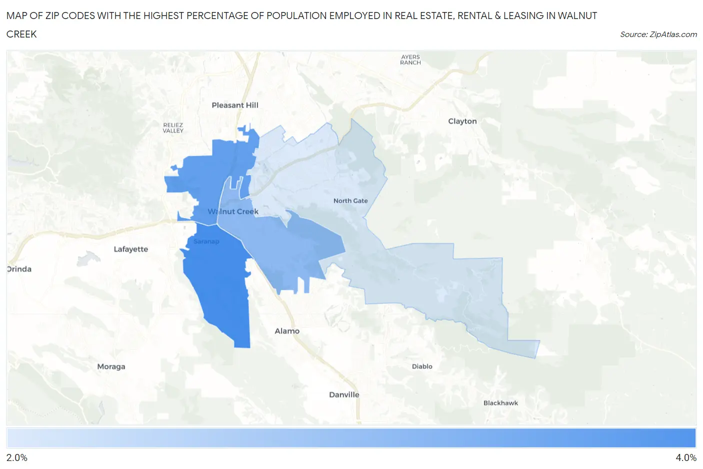 Zip Codes with the Highest Percentage of Population Employed in Real Estate, Rental & Leasing in Walnut Creek Map