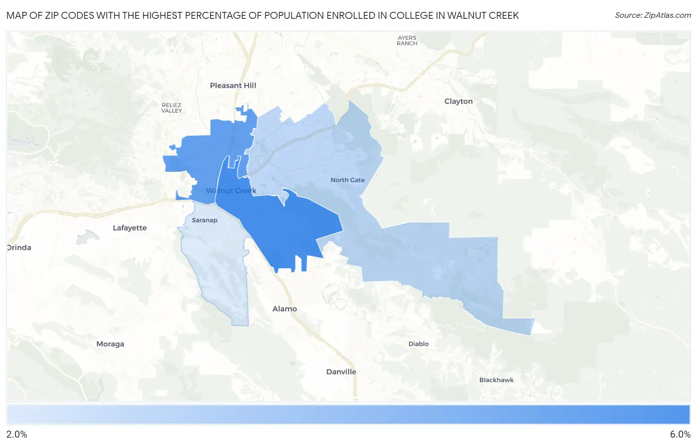 Zip Codes with the Highest Percentage of Population Enrolled in College in Walnut Creek Map