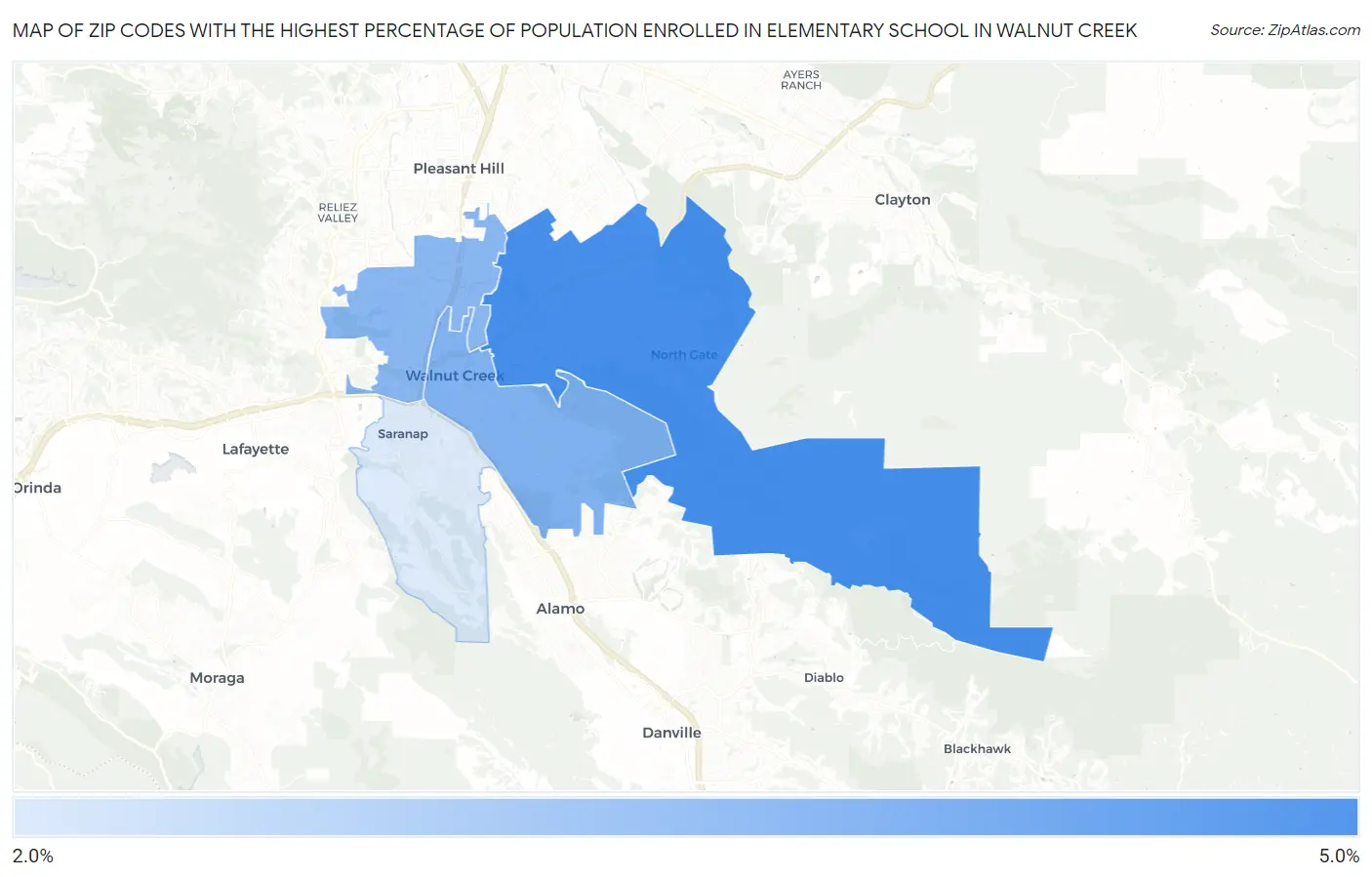 Zip Codes with the Highest Percentage of Population Enrolled in Elementary School in Walnut Creek Map