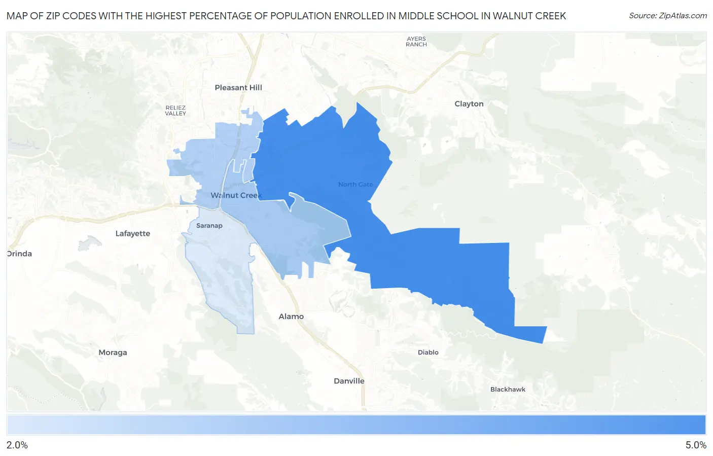 Zip Codes with the Highest Percentage of Population Enrolled in Middle School in Walnut Creek Map
