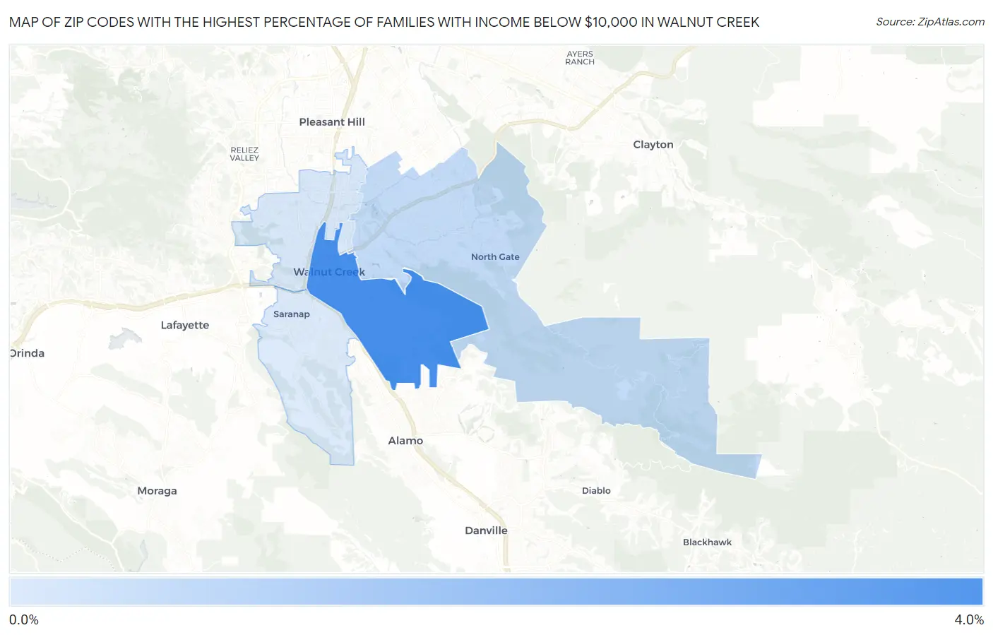 Zip Codes with the Highest Percentage of Families with Income Below $10,000 in Walnut Creek Map