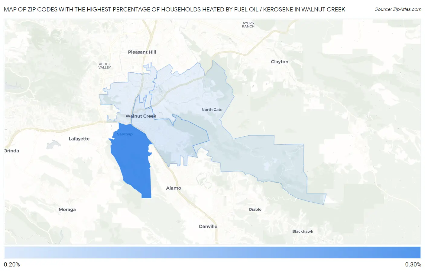 Zip Codes with the Highest Percentage of Households Heated by Fuel Oil / Kerosene in Walnut Creek Map