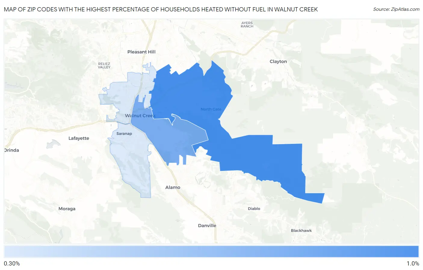 Zip Codes with the Highest Percentage of Households Heated without Fuel in Walnut Creek Map