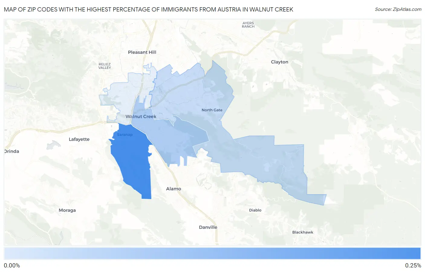 Zip Codes with the Highest Percentage of Immigrants from Austria in Walnut Creek Map