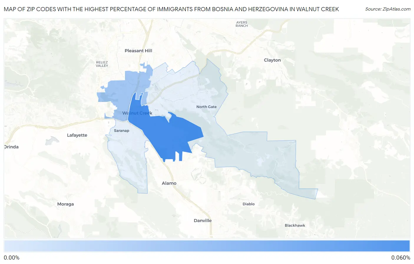 Zip Codes with the Highest Percentage of Immigrants from Bosnia and Herzegovina in Walnut Creek Map