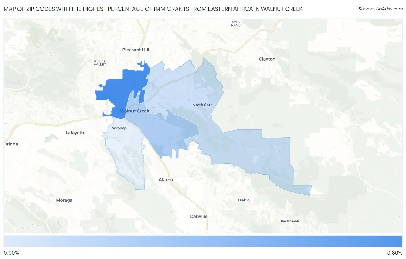 Zip Codes with the Highest Percentage of Immigrants from Eastern Africa in Walnut Creek Map