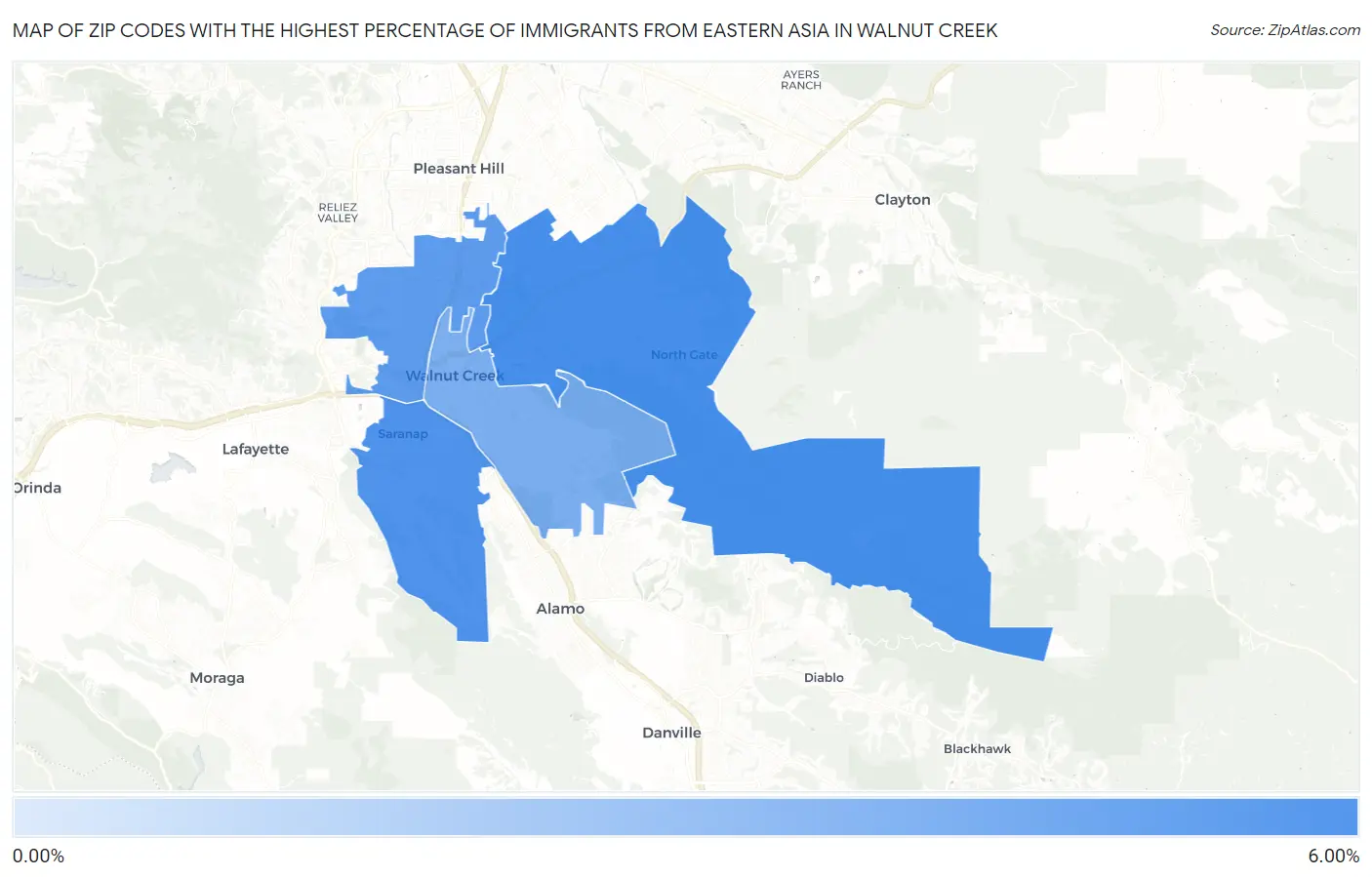 Zip Codes with the Highest Percentage of Immigrants from Eastern Asia in Walnut Creek Map