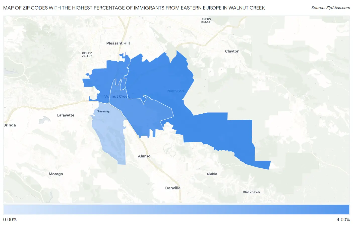 Zip Codes with the Highest Percentage of Immigrants from Eastern Europe in Walnut Creek Map