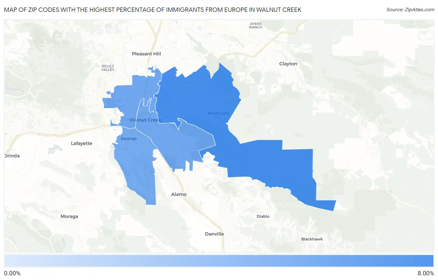 Zip Codes with the Highest Percentage of Immigrants from Europe in Walnut Creek Map