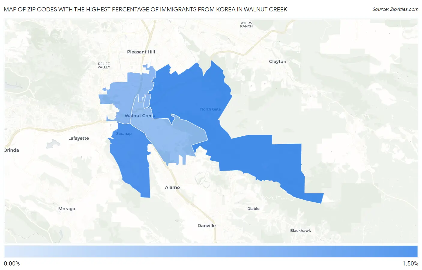 Zip Codes with the Highest Percentage of Immigrants from Korea in Walnut Creek Map
