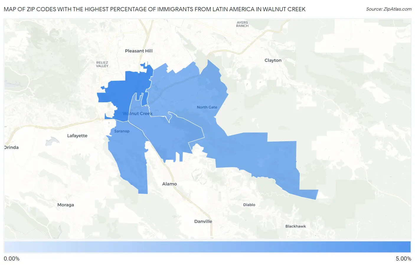 Zip Codes with the Highest Percentage of Immigrants from Latin America in Walnut Creek Map