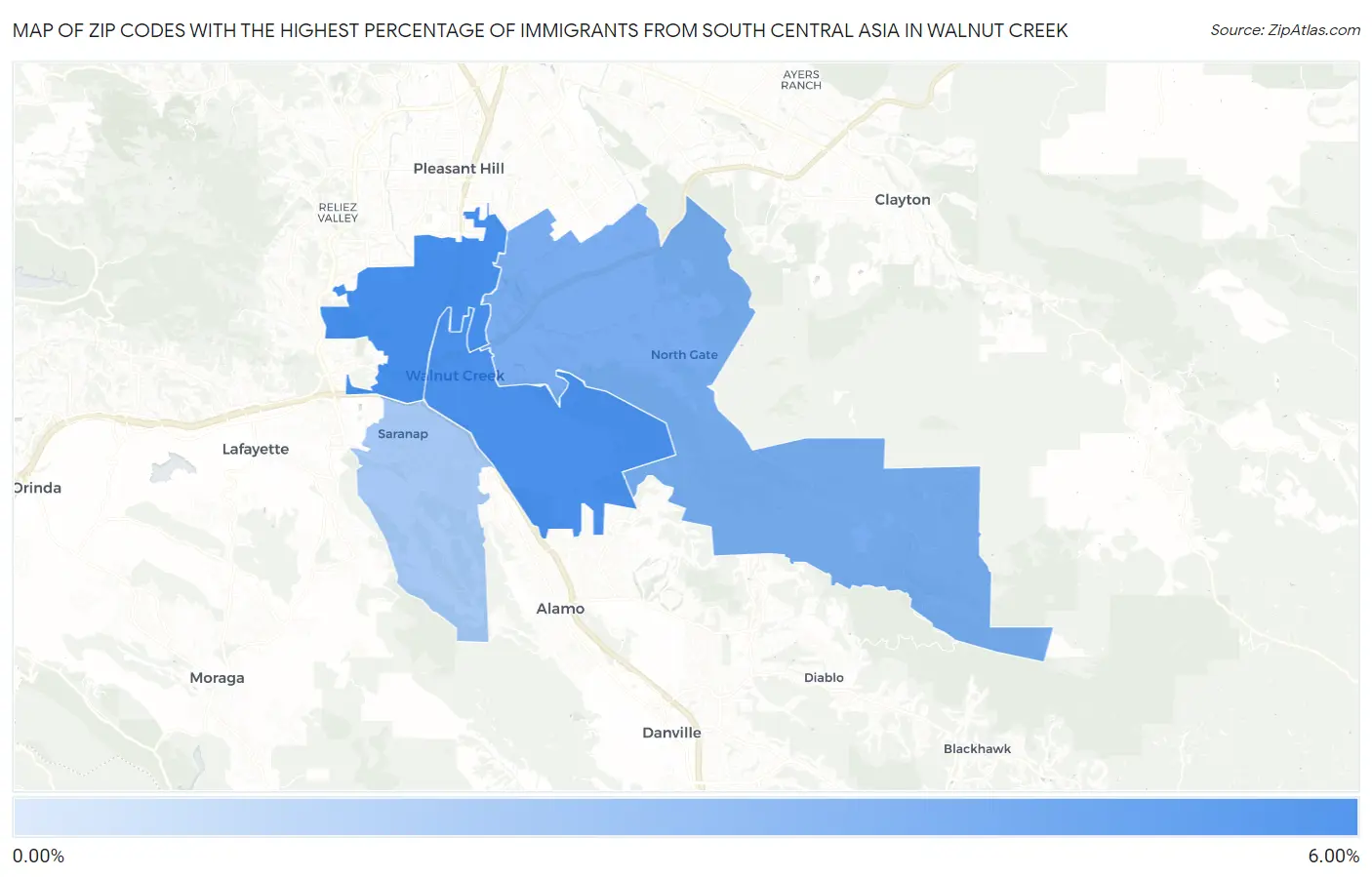 Zip Codes with the Highest Percentage of Immigrants from South Central Asia in Walnut Creek Map
