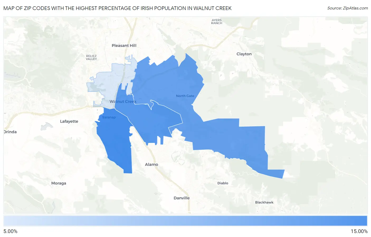 Zip Codes with the Highest Percentage of Irish Population in Walnut Creek Map
