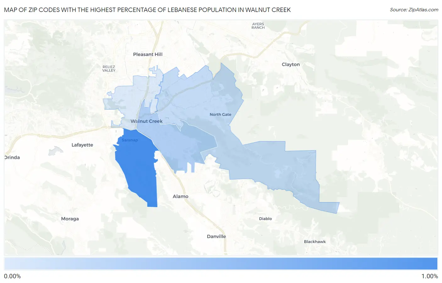 Zip Codes with the Highest Percentage of Lebanese Population in Walnut Creek Map